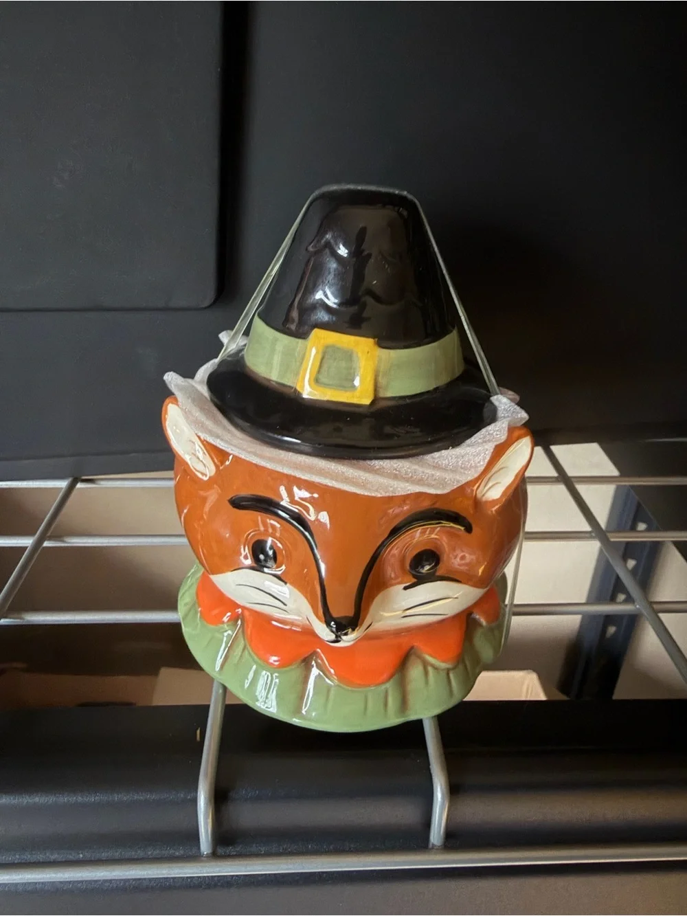 Johanna Parker Ceramic Fox Candy Jar with Black Pilgrim Hat - Orange & Green